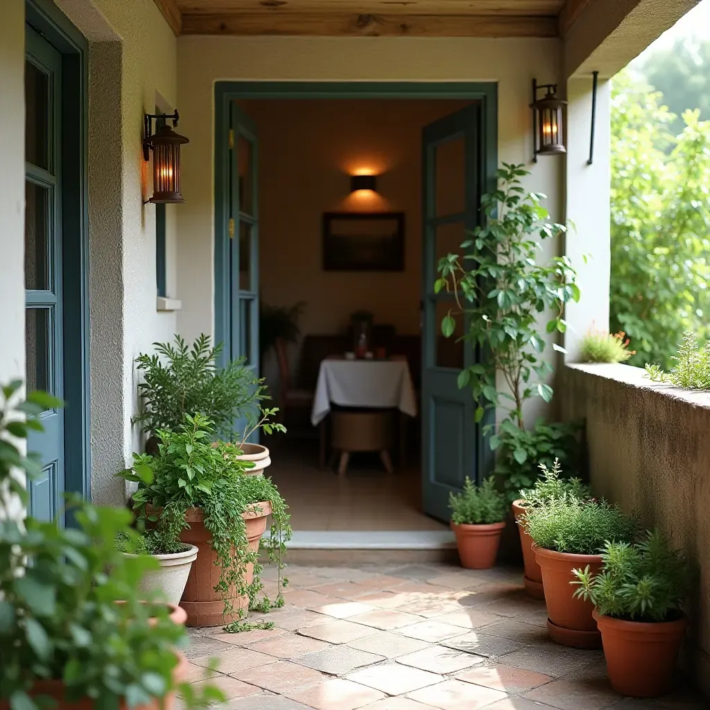 a photo of a cozy balcony with a small herb garden and rustic decor