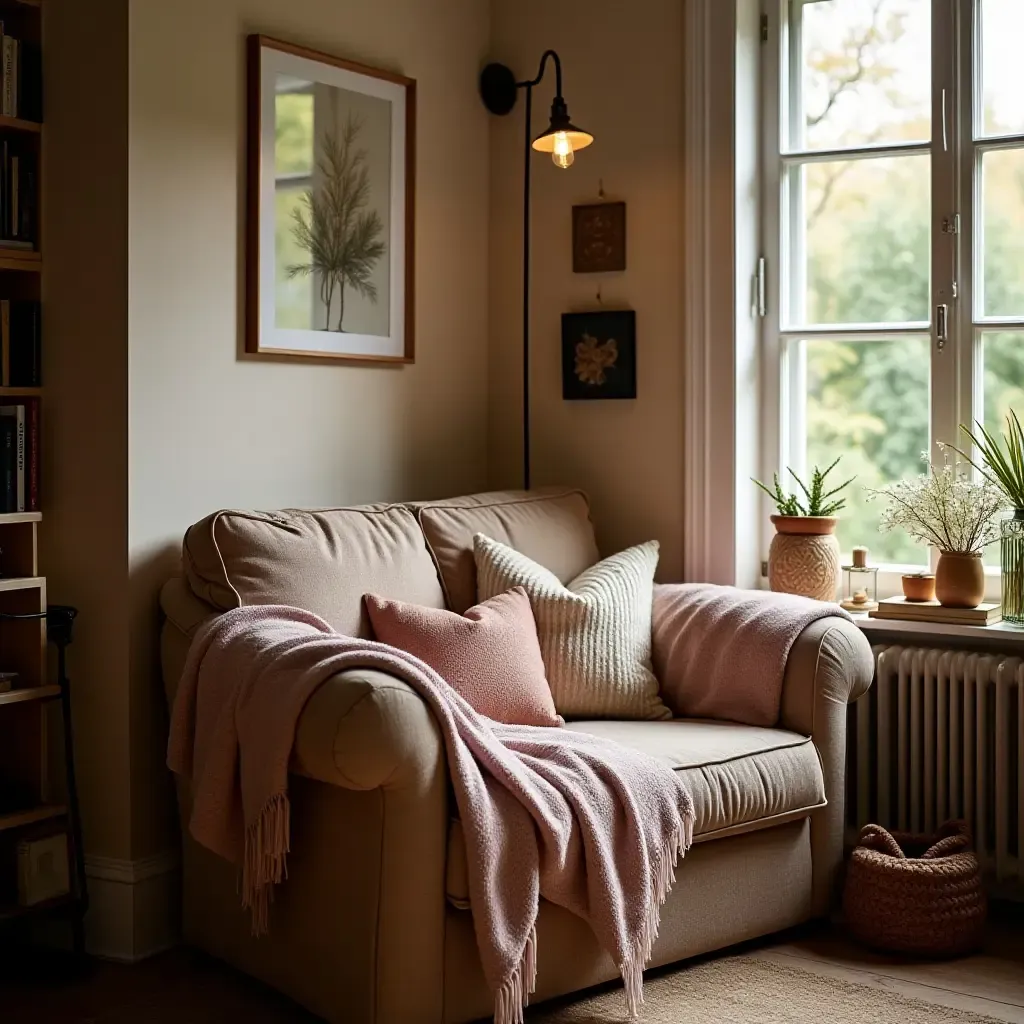 a photo of a warm reading nook with a decorative throw and cushions