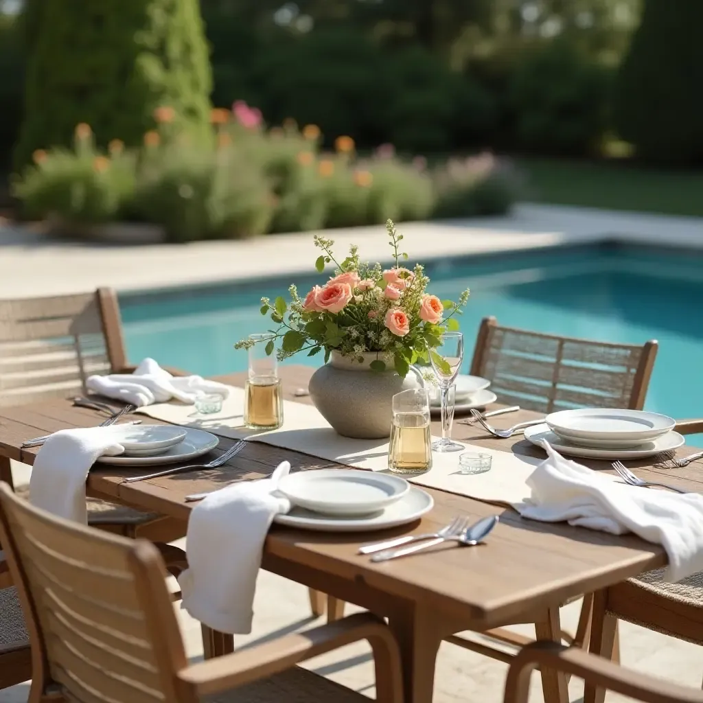 a photo of a cozy outdoor dining setup by the pool with farmhouse-style tableware