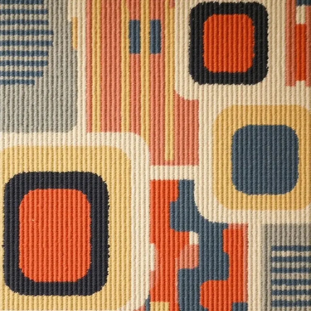 a photo of a retro-style rug with playful patterns