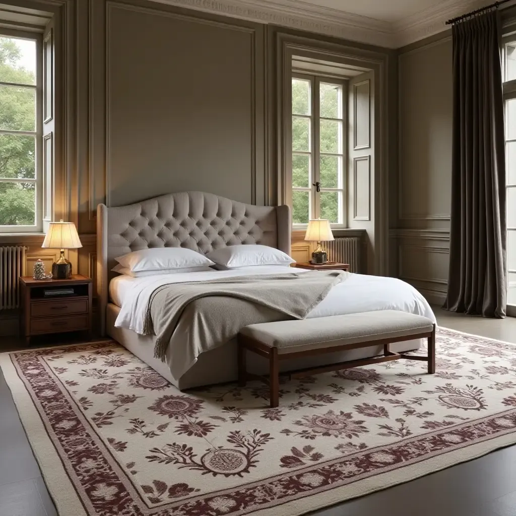 a photo of a sophisticated damask rug in an elegant bedroom