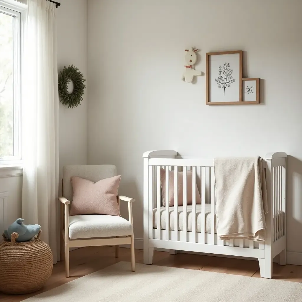 a photo of a nursery with a cozy reading corner and farmhouse-style decor