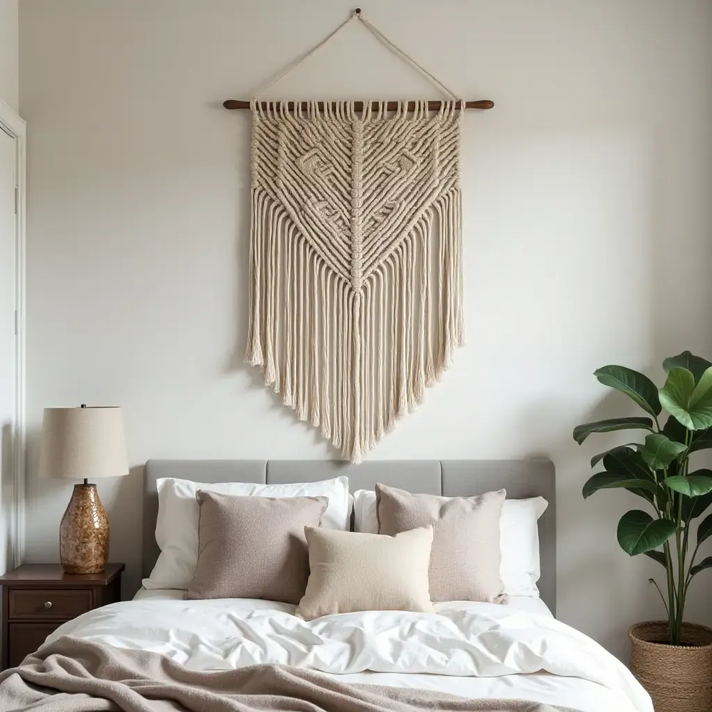 a photo of a handmade macrame wall hanging in a bedroom