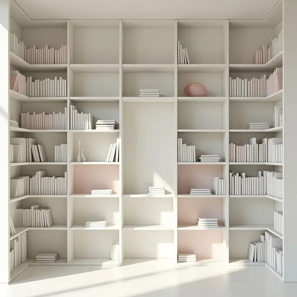 a photo of a serene library with white shelves and soft pastels