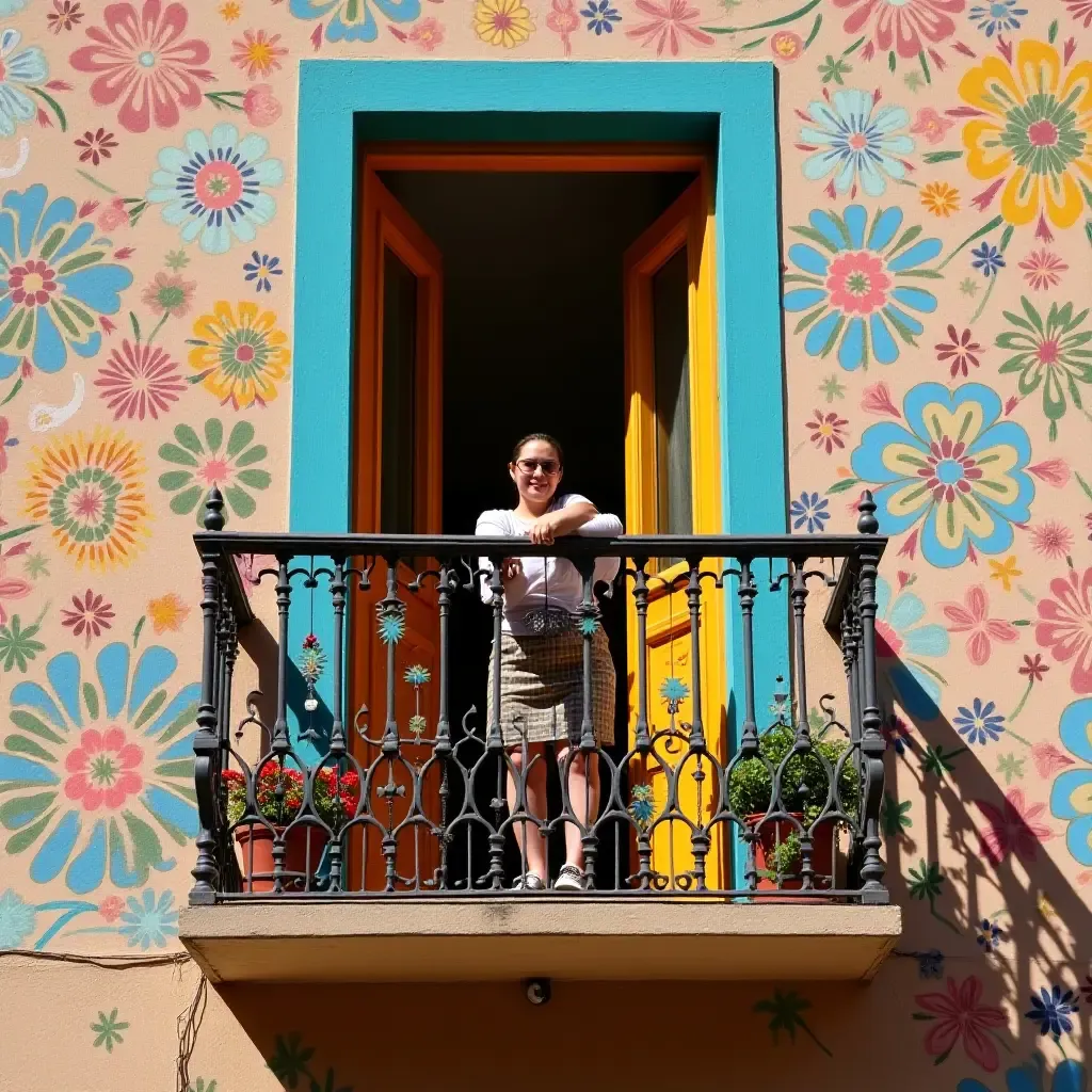 a photo of a colorful balcony with decorative wall art