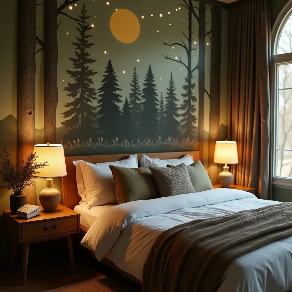 a photo of a forest-themed bedroom with nature-inspired bedside lamps and decor