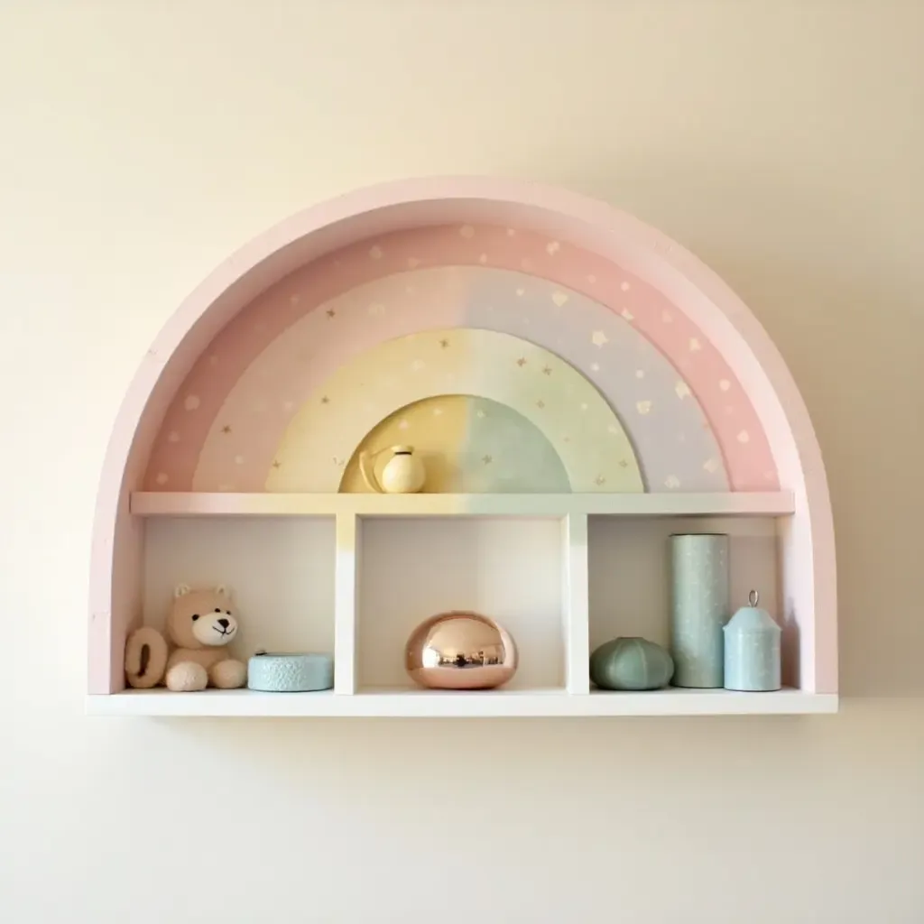 a photo of a nursery shelf with a rainbow color scheme and creative storage solutions