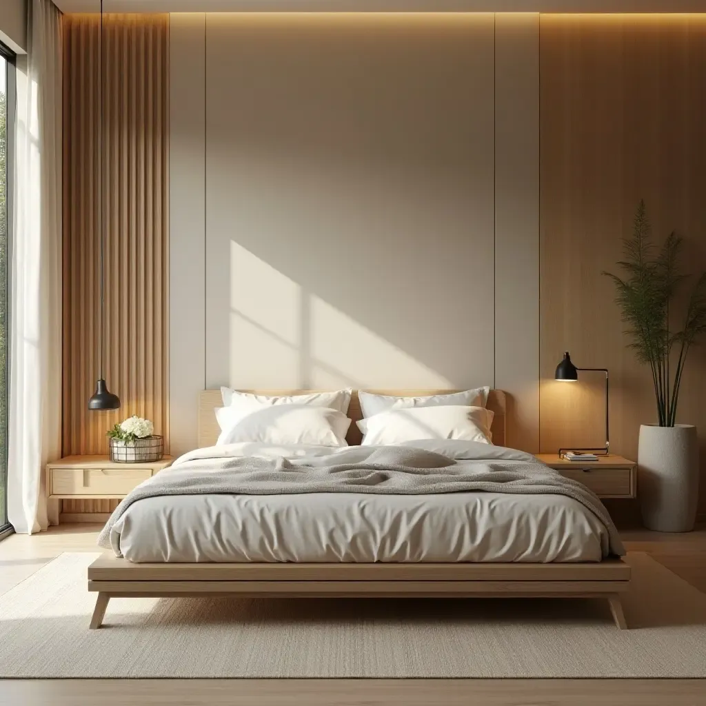 a photo of a minimalist bedroom with a focus on natural materials