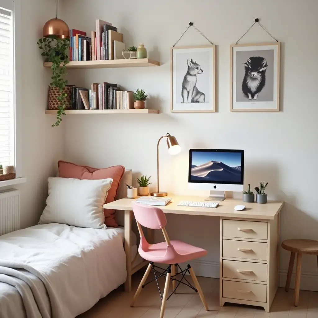 a photo of a serene workspace in a teen bedroom with organized books and supplies