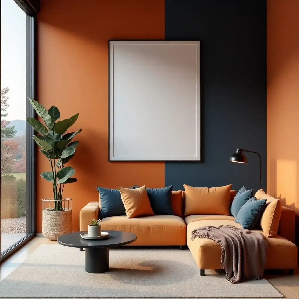 a photo of a stylish orange and navy accent wall with artwork