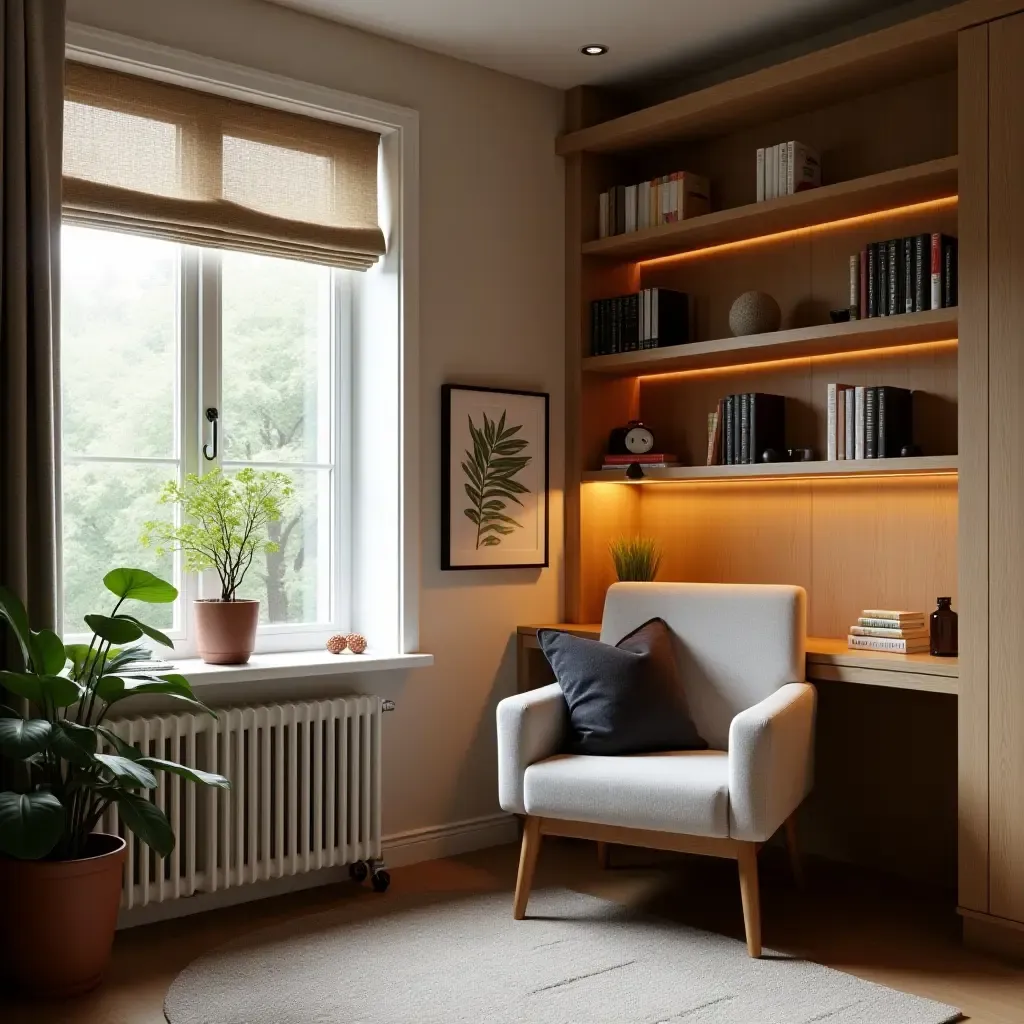 a photo of a reading nook with a cozy corner desk and chair