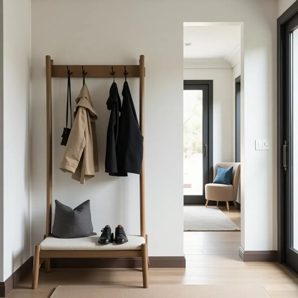 a photo of an elegant vintage coat rack in a modern entrance