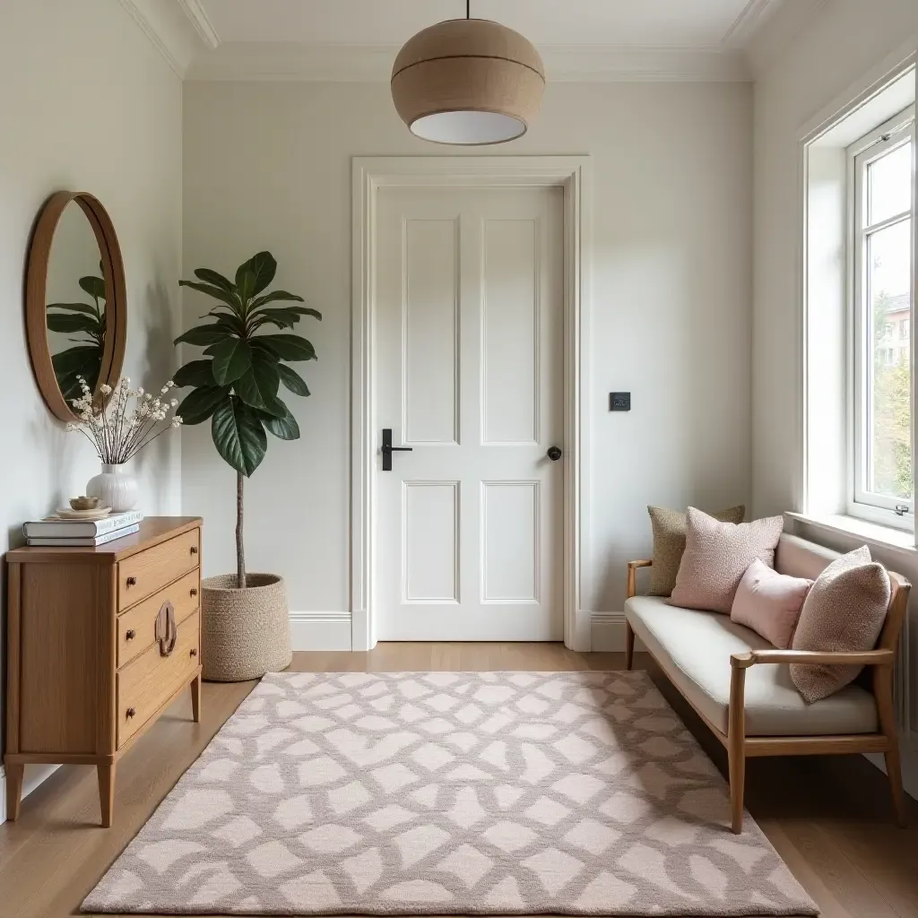 a photo of a cozy entrance featuring a large area rug and soft furnishings