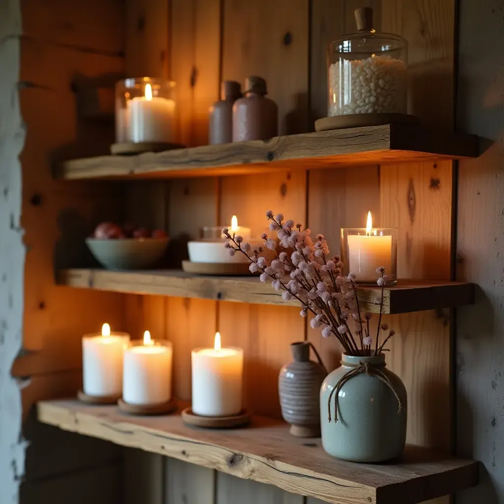 a photo of a rustic wooden shelf displaying scented candles