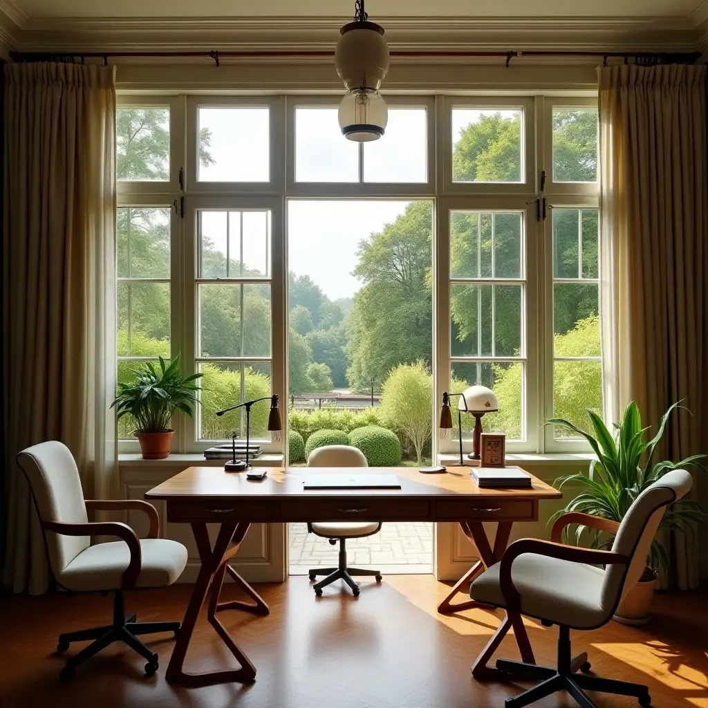 a photo of a charming desk with a view of a garden