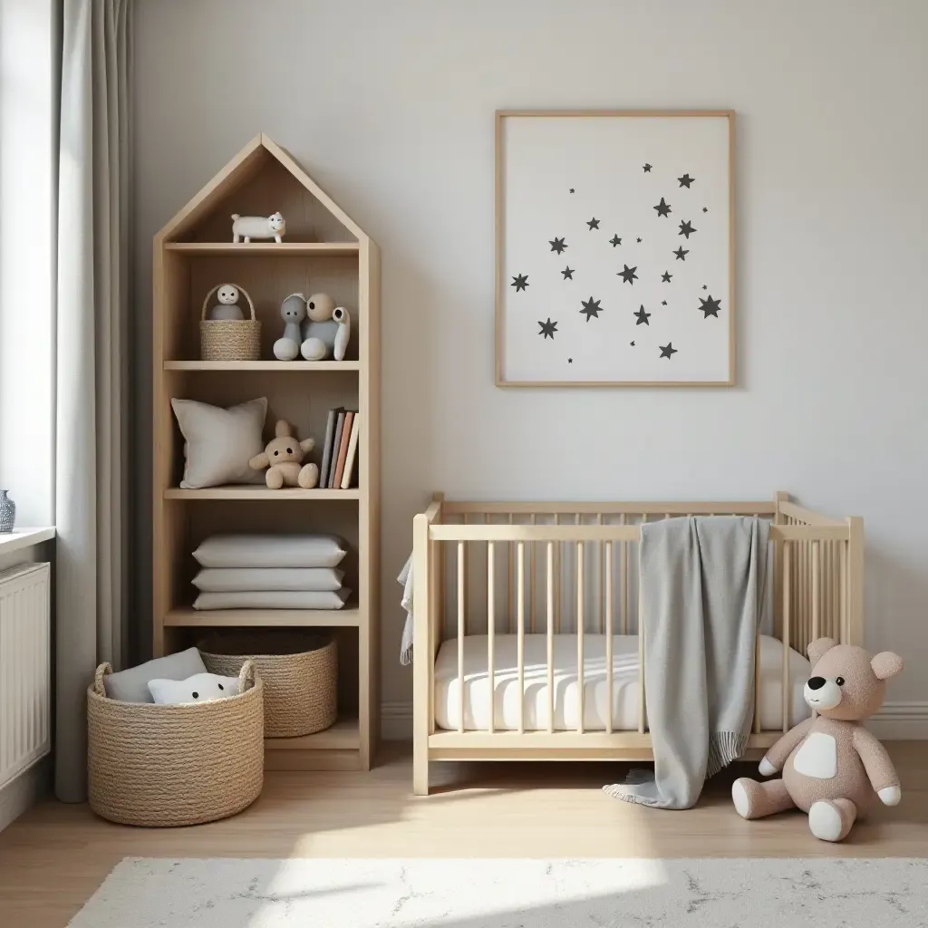 a photo of a nursery shelving unit with a space theme and starry decor