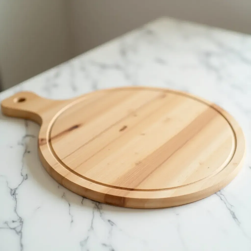 a photo of a wooden cutting board on a marble countertop