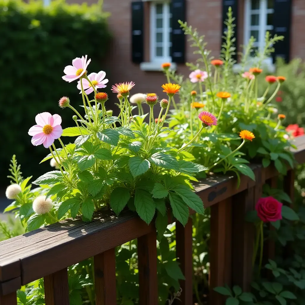 a photo of a railing garden with herbs and flowers spilling over the edges