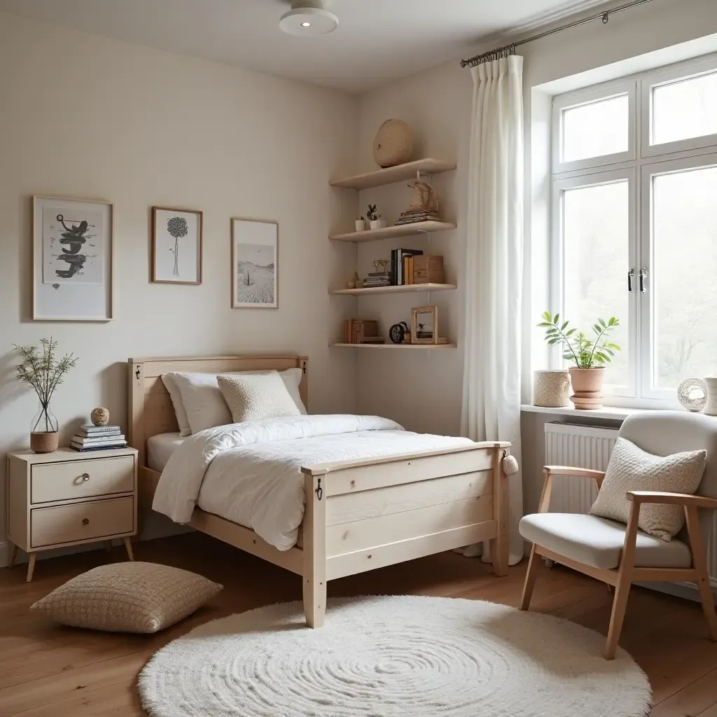 a photo of a trendy teen room with Scandinavian furniture and a cozy reading corner