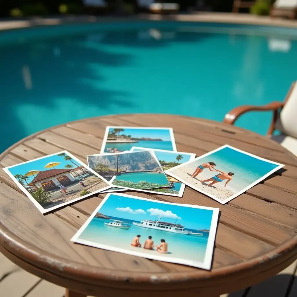 a photo of nostalgic postcards displayed on a poolside table