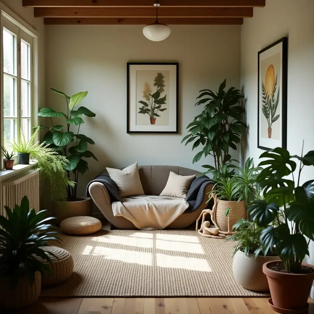 a photo of a basement meditation corner surrounded by calming plants