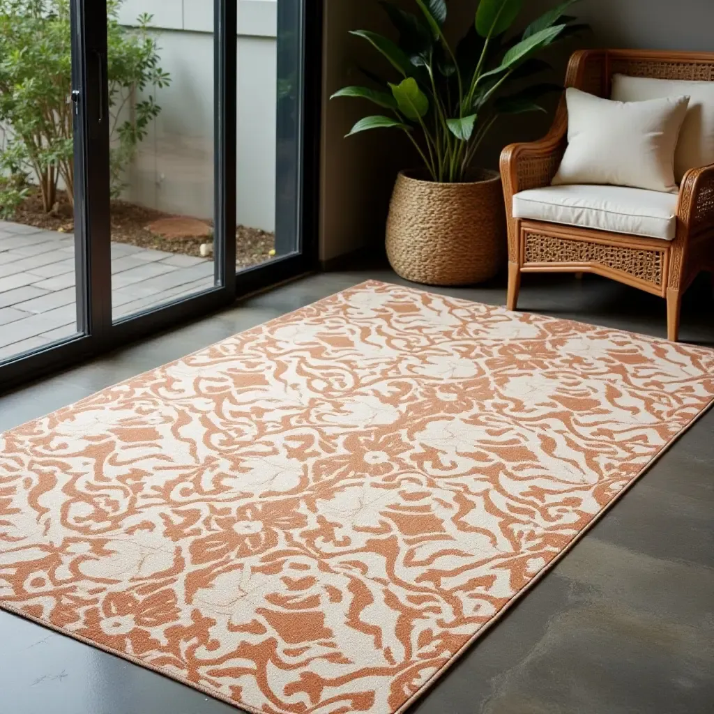 a photo of a stylish indoor-outdoor rug with bold patterns