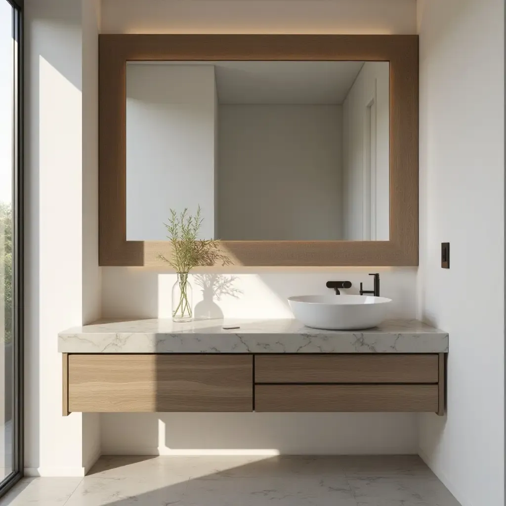 a photo of a wooden accent piece above a modern sink in a bathroom