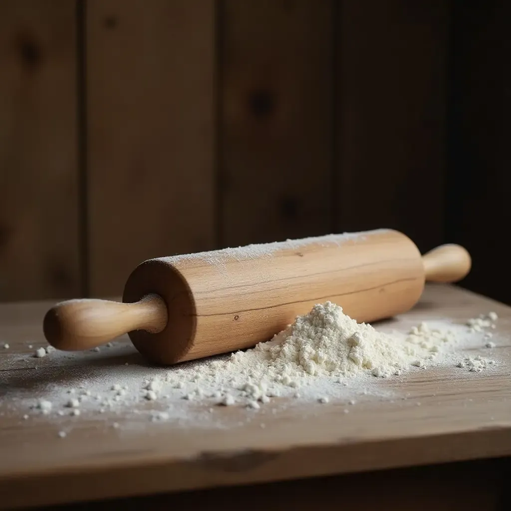 a photo of a nostalgic kitchen with a wooden rolling pin and flour dust