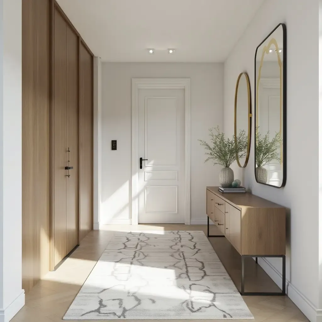 a photo of a contemporary entrance hall with metallic mirror accents