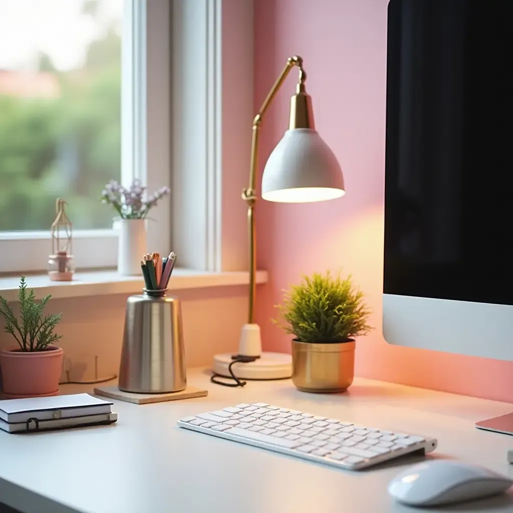 a photo of a colorful workspace with metallic accents in desk accessories and decor