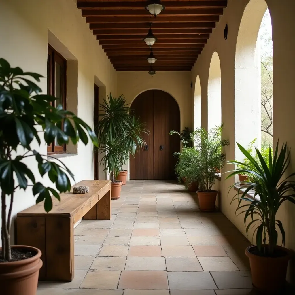 a photo of a corridor with a rustic wooden bench and plants