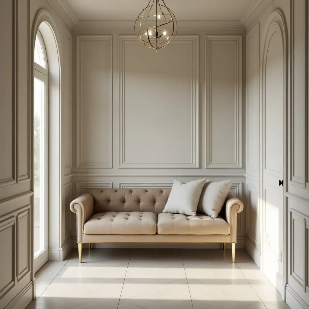 a photo of a chic bench with gold accents in a glamorous hallway