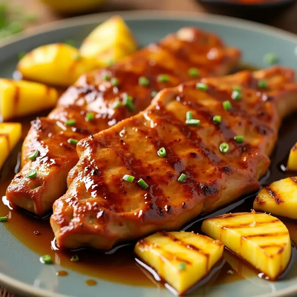 a photo of Korean BBQ with a tangy mango marinade and grilled pineapple slices.