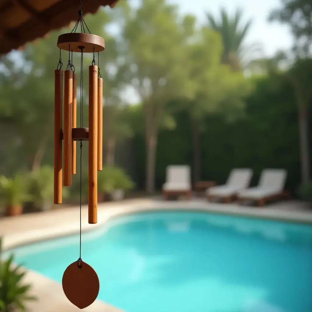 a photo of a wooden wind chime hanging near the pool