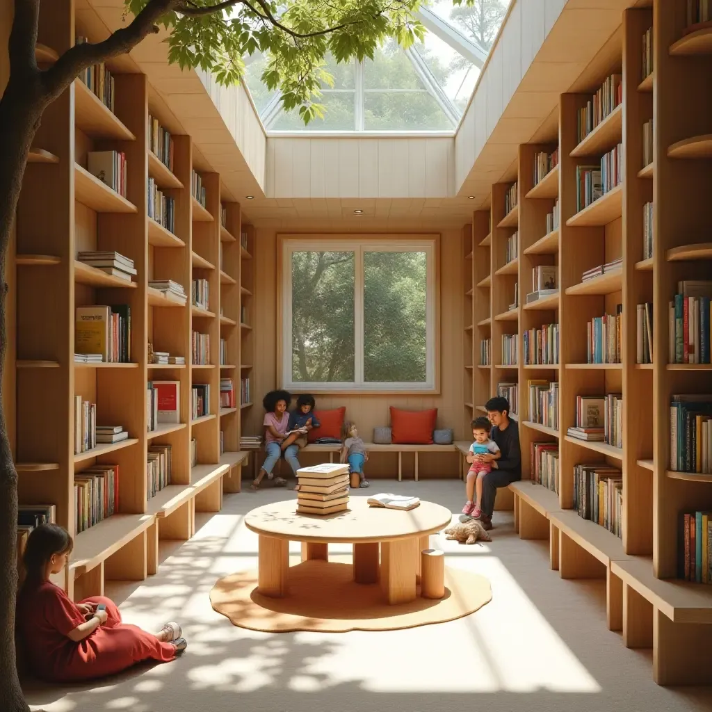 a photo of a library with a storytelling area for children and families