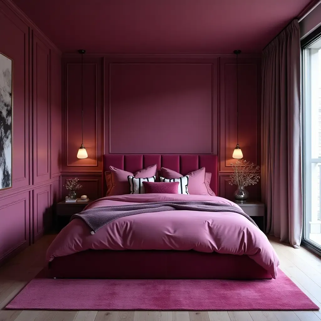 a photo of a bold magenta and silver bedroom with striking contrasts