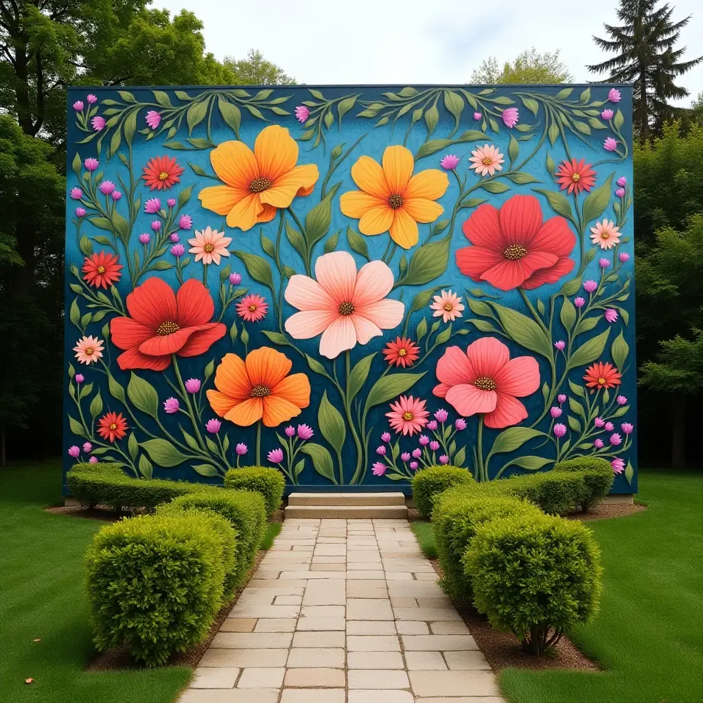 a photo of a colorful floral mural in a garden