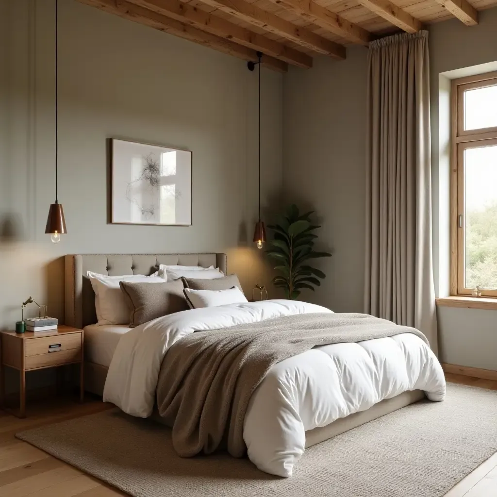 a photo of a modern rustic bedroom with a chic color palette and natural materials