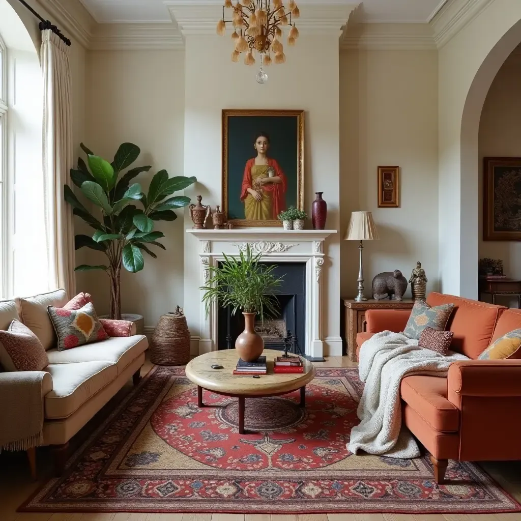 a photo of a bohemian living room with a mix of global artifacts