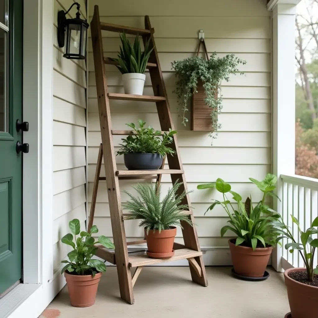 a photo of a repurposed ladder used as a plant stand on a porch