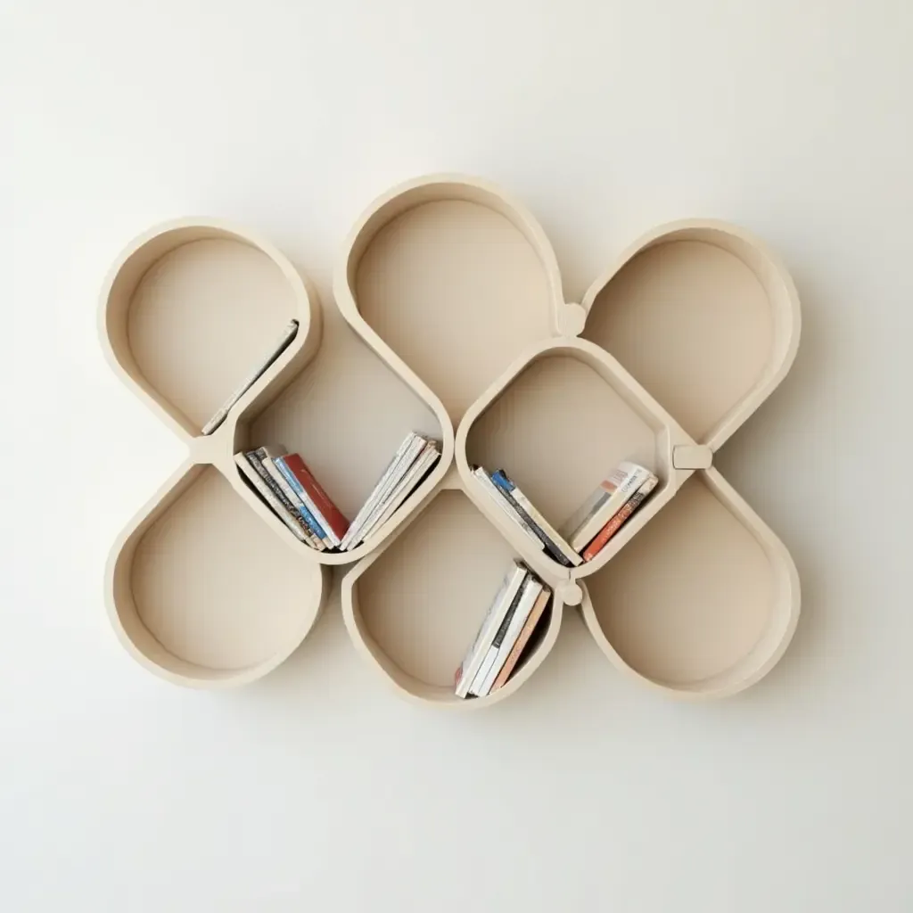 a photo of a wall-mounted book display with unique shapes