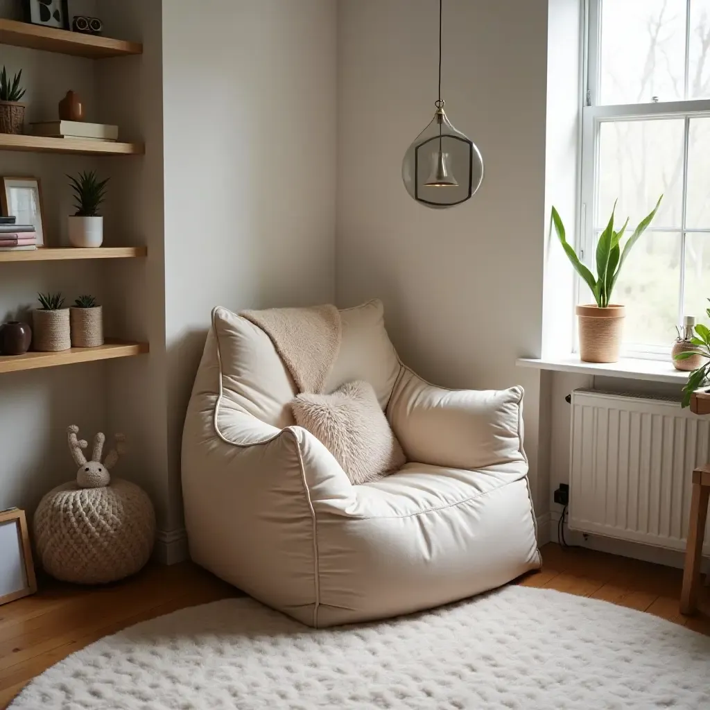 a photo of a cozy corner with a storage-filled bean bag