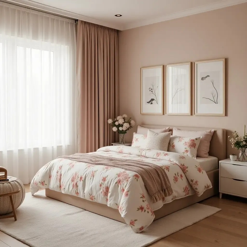 a photo of a dreamy bedroom with a soft color palette and floral patterns