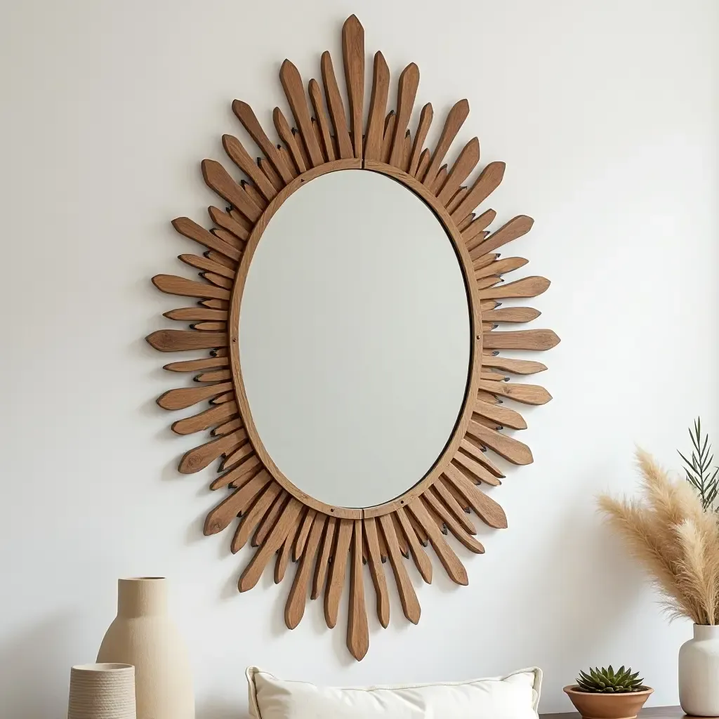 a photo of a chic mirror surrounded by bohemian-style wall decor