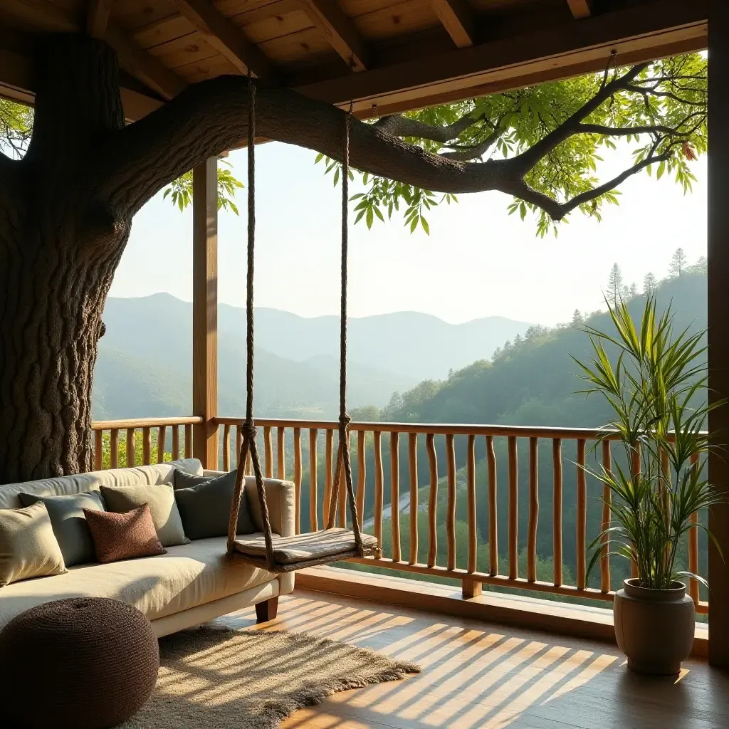 a photo of a balcony featuring a whimsical tree branch swing