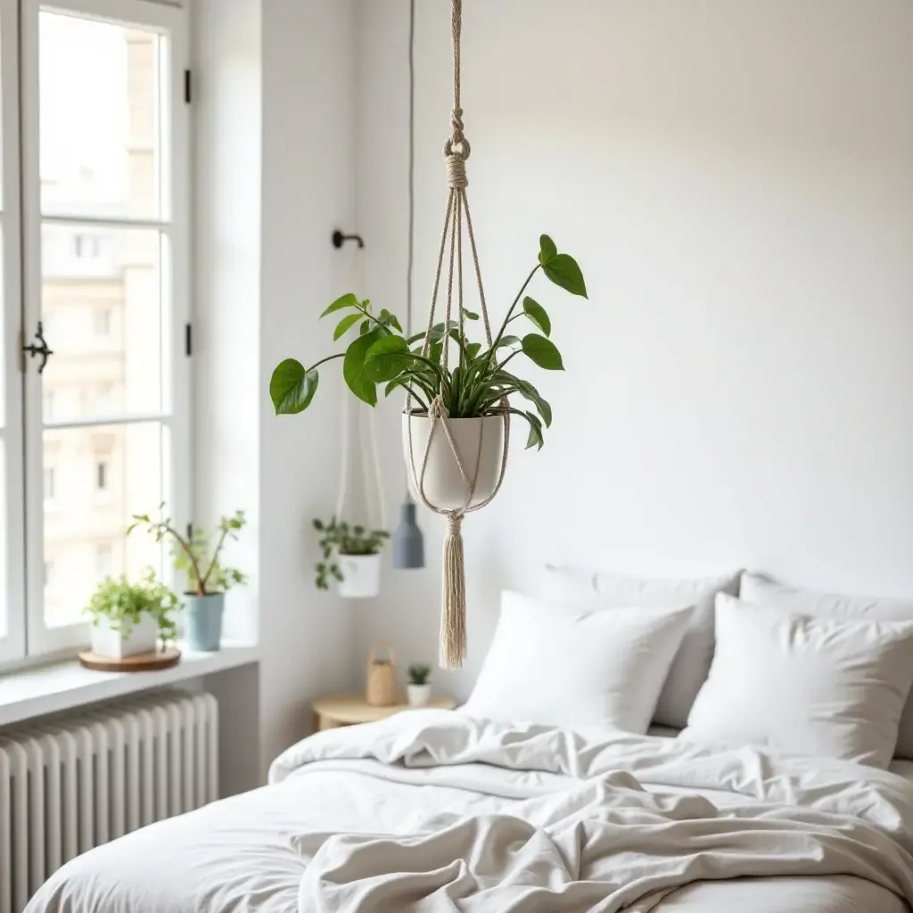 a photo of a bedroom with a DIY macrame plant hanger