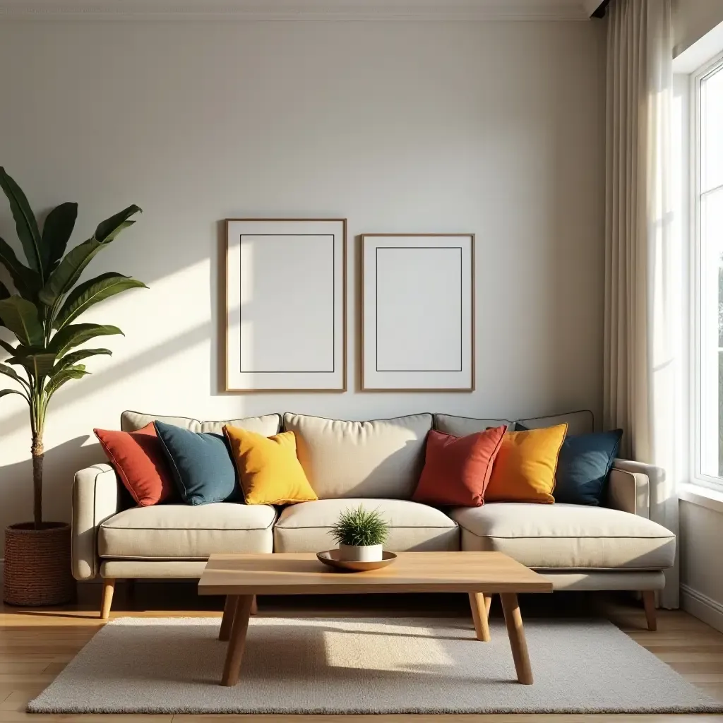 a photo of a living room with a wooden coffee table and colorful cushions