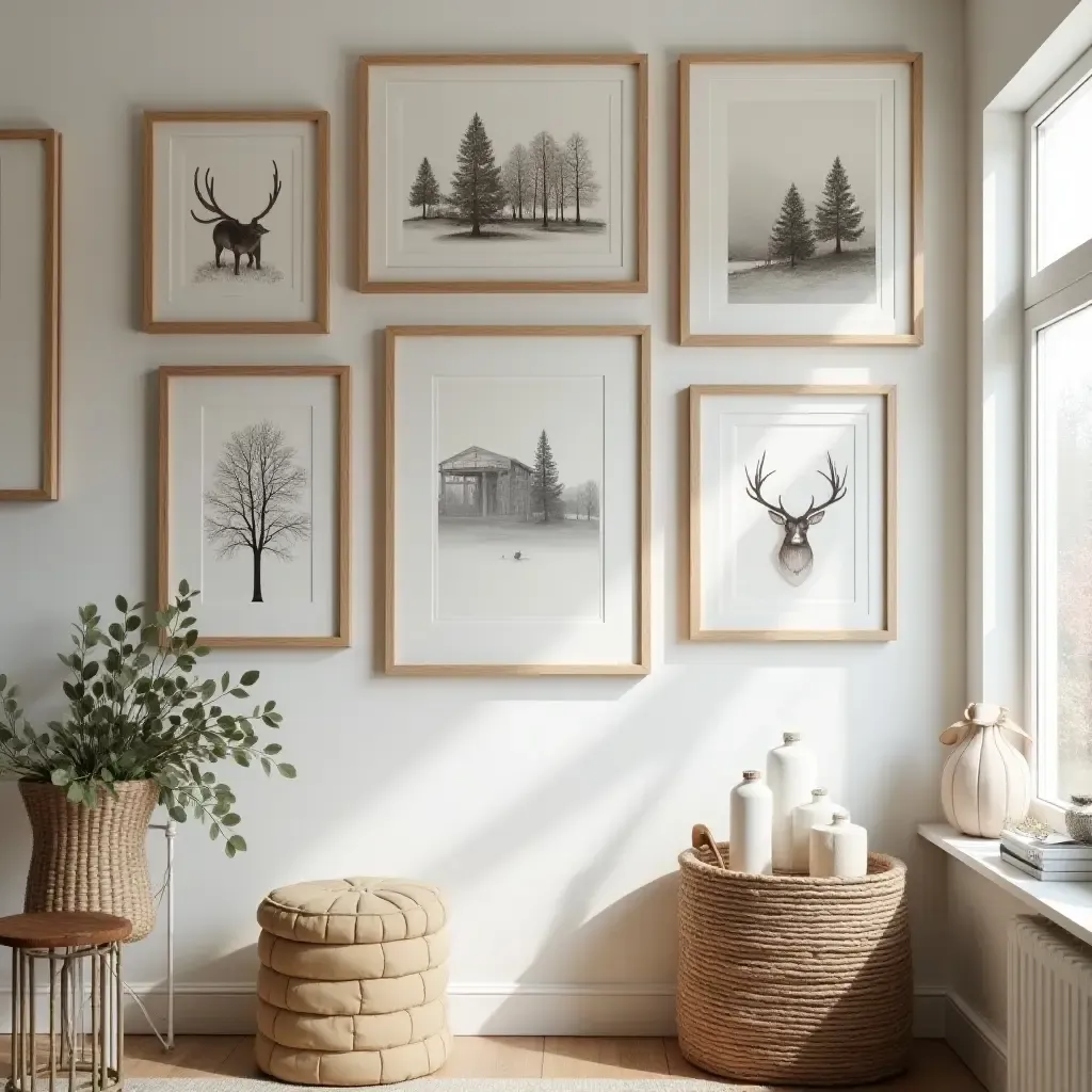 a photo of a gallery wall with seasonal decorations and interchangeable art