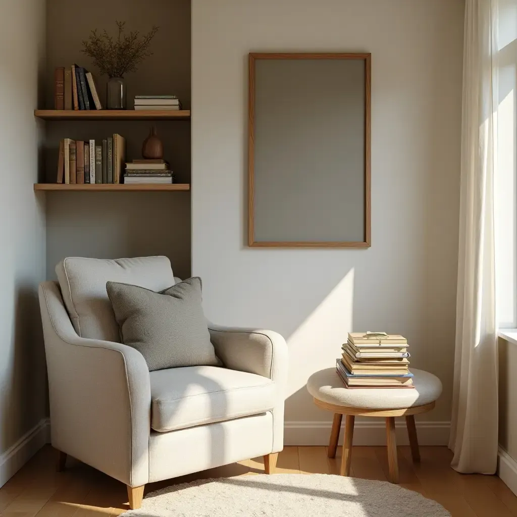 a photo of a reading nook with a soft armchair and a small bookshelf