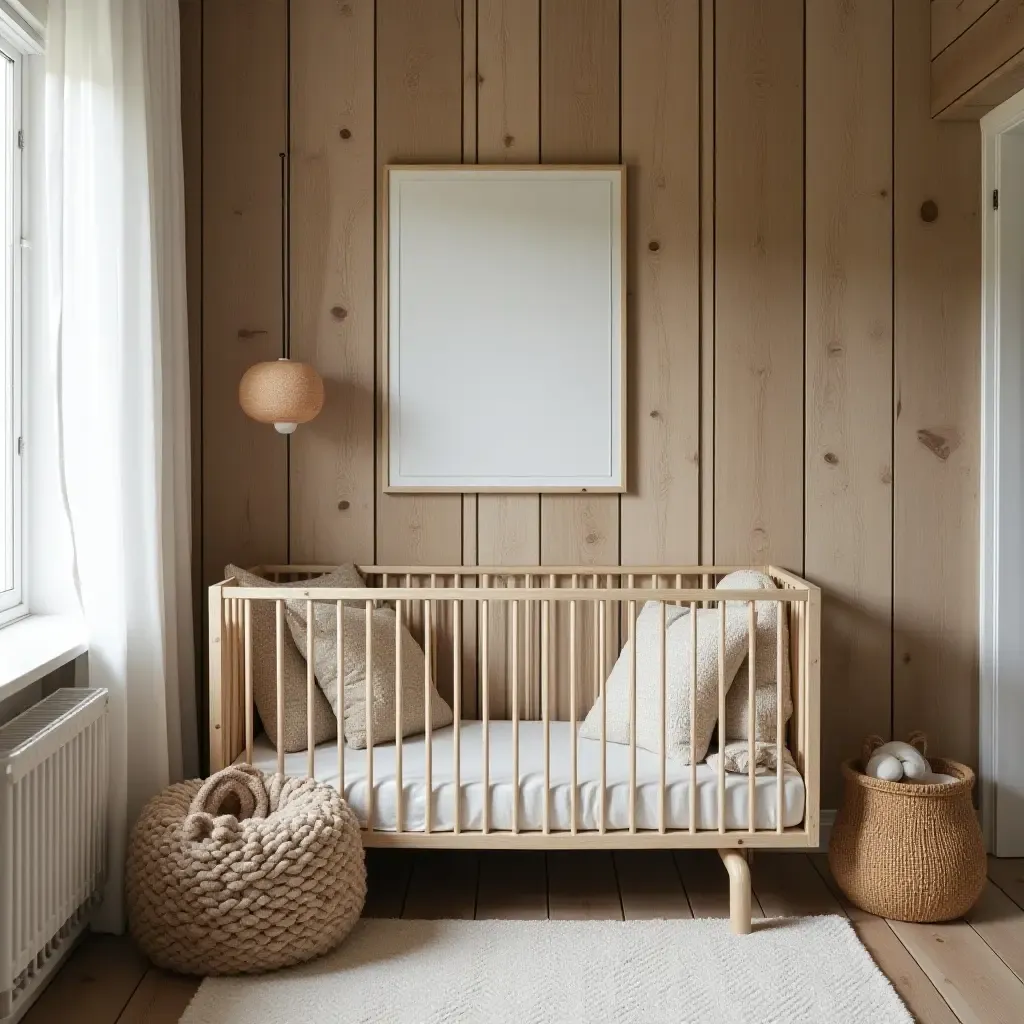 a photo of a rustic nursery featuring reclaimed wood and soft textiles